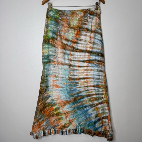 Vintage Handmade Blue Orange Tie Dye Rosette Fit and Flare Boho Midi Skirt - Picture 6 of 11
